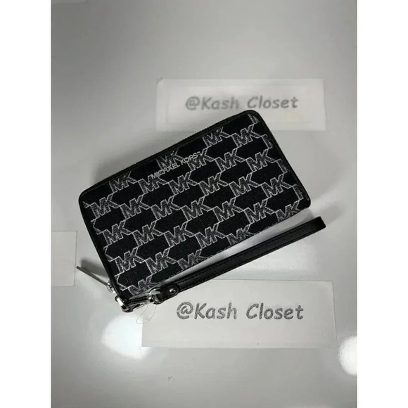 Michael Kors MK Large Flat MF Phone Case Zip Wallet/Wristlet - Black - Picture 1 of 6